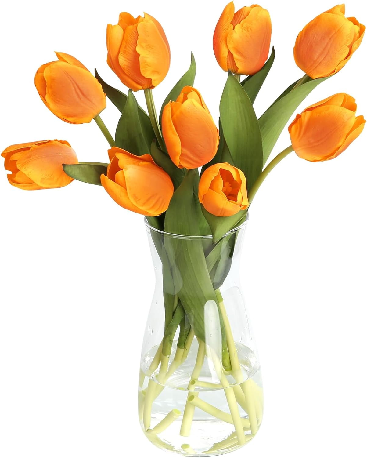 10PCS Faux Flowers with Vase, Faux Silk Tulip Flower Artificial Flowers Bouquet in Glass Vase, Faux Flower Arrangement with Vase for Home Office Decoration, Dining Table Centerpiece Fake Tulips