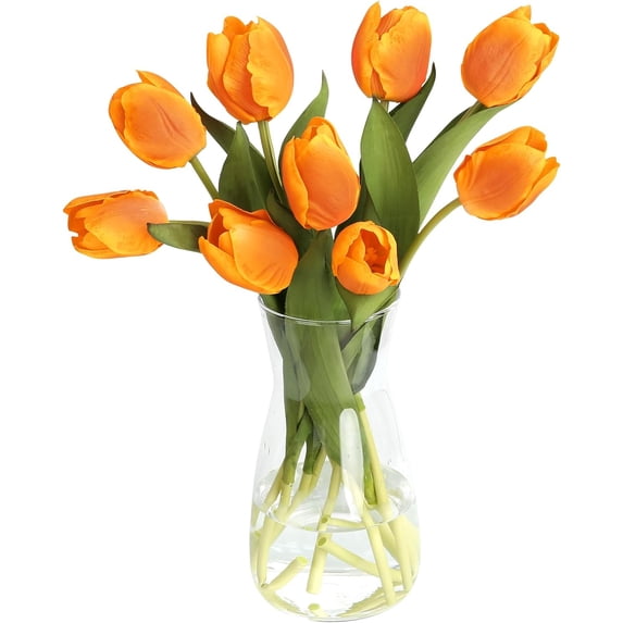 10PCS Faux Flowers with Vase, Faux Silk Tulip Flower Artificial Flowers Bouquet in Glass Vase, Faux Flower Arrangement with Vase for Home Office Decoration, Dining Table Centerpiece Fake Tulips