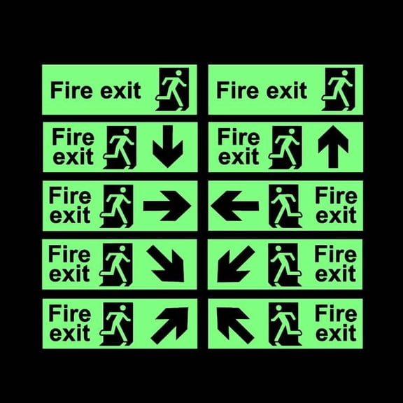 10PCS Fire exit Sign with stickman Vinyl Decal Sticker Luminescent Neon Glow Lime Green Industrial Grade USA-Made Wall Bumper Window Business 7.2x2.3"