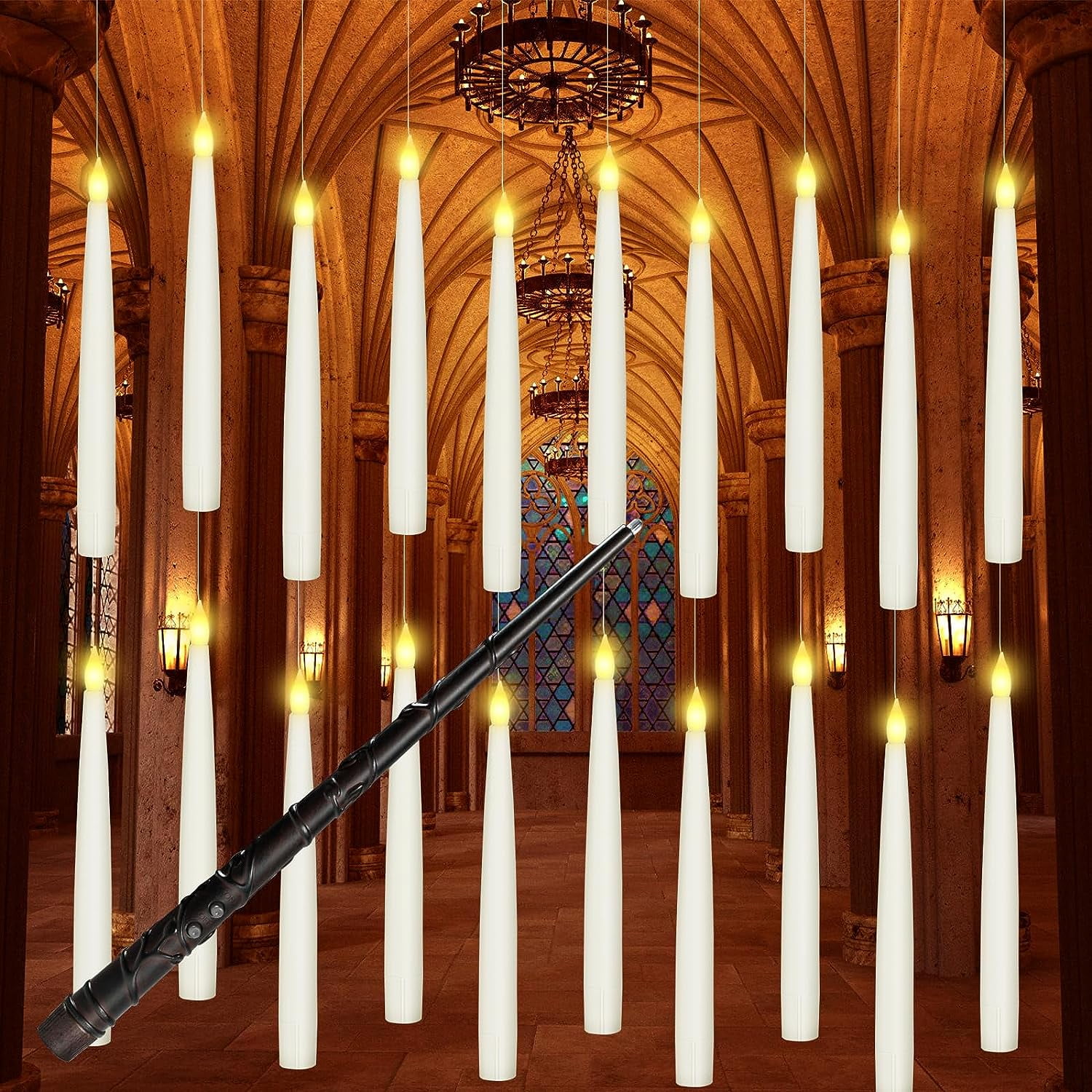 10PCS Floating Candles with Wand, Magic Hanging Candles, Flickering Warm Light LED Flameless Candles with Wand Remote, Halloween Candles Decor Indoor Theme Party