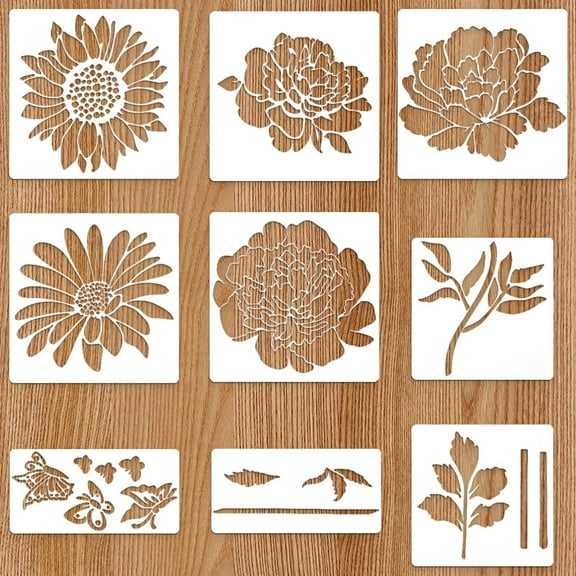 10PCS Flower Stencils for Painting, Large Reusable Floral Stencils, Sunflower Rose Daisy Templates for Wood Fence, Wall Art, Furniture DIY - PET Plastic Craft Stencils for Home Decor