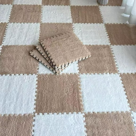 10PCS Fluffy Plush Foam Mat, 12x12 Inch Interlocking Carpet Tiles with Border, Soft Non-Slip Foam Pads for Floor, Playroom, Easy to Clean Puzzle Mat Squares