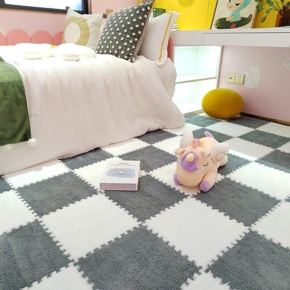 10PCS Fluffy Plush Foam puzzle Mat, 11.8x11.8in Square Interlocking  Carpet Tiles, DIY Non-Slip Washable, Soft Climbing Area Rug for Home Use