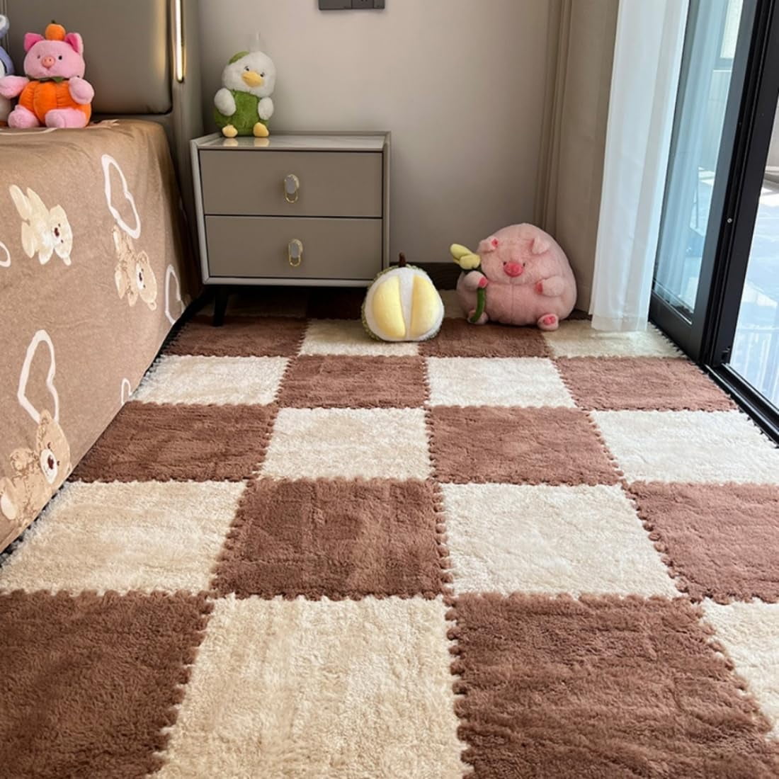 10PCS Fluffy Plush Interlocking Foam Mat Tiles, 12"x12" Thick Padded Playroom Carpet with Border, Play Mat Floor Tiles Thick Padded Squares Foam Tiles for Decor