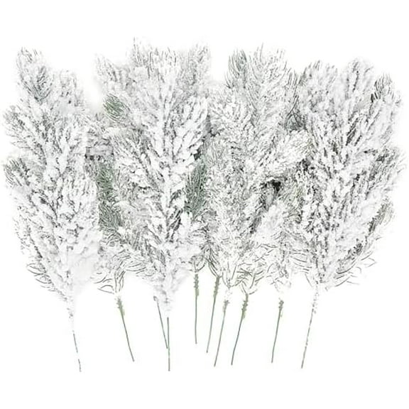 10PCS Frosted Artificial Pine Needles Branches 10.6" Christmas Fake Snowy Pine Picks Twigs Winter Sprays Greenery Stems for Xmas Tree Garlands Decor