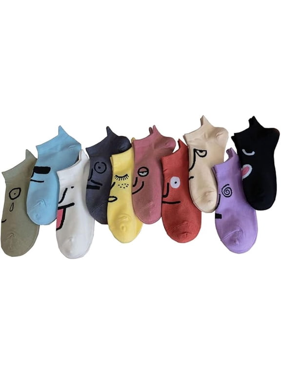 10PCS Funny Cute Socks Cotton Women Colorful Sneaker Novelty Socks Men Cartoon Emoji No Show Short Socks