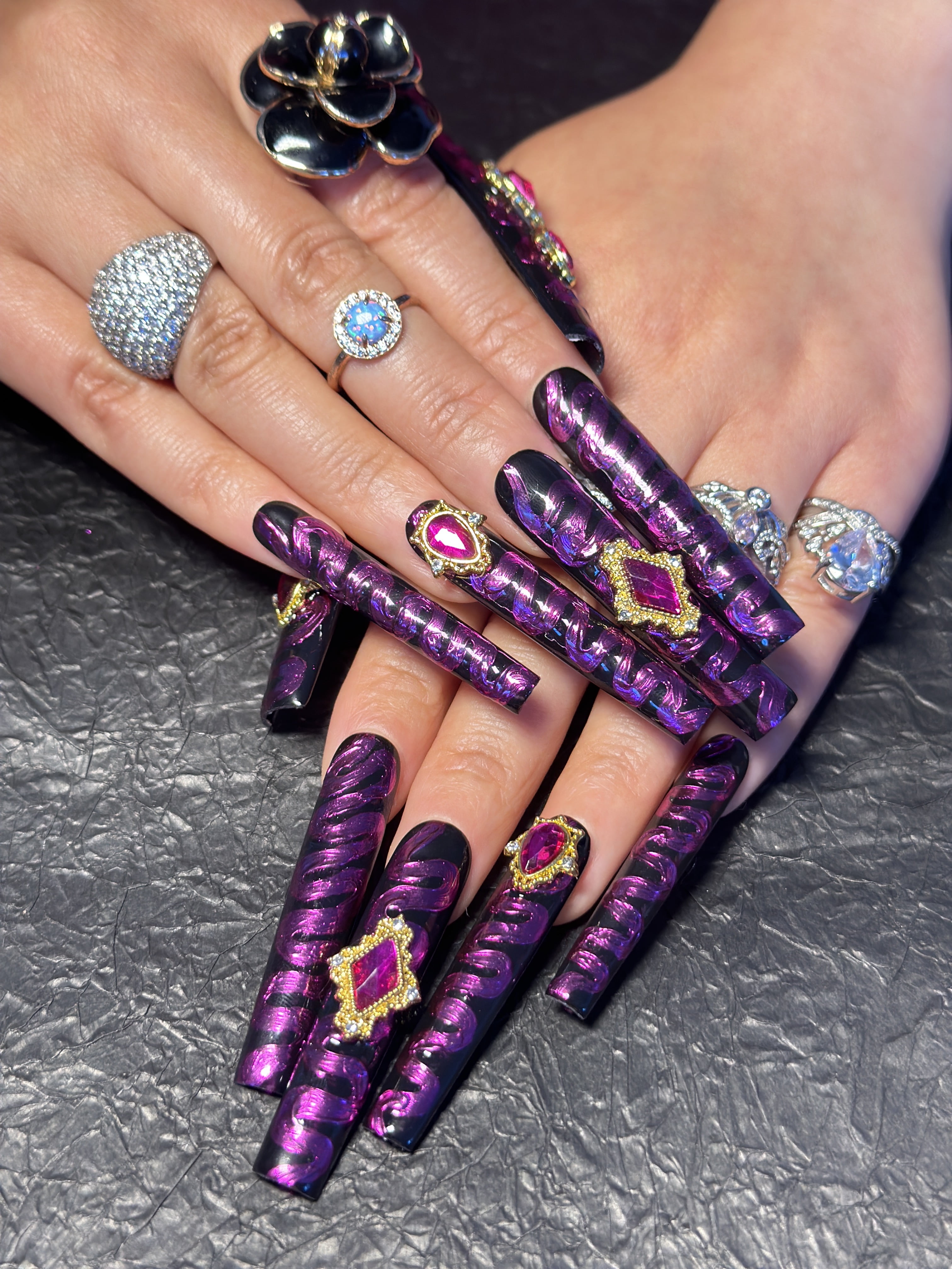 10PCS Glamorous Extra Long Press-On Nails | Black & Purple 3D Coffin Nails with Rhinestones | Handmade Acrylic False Nails