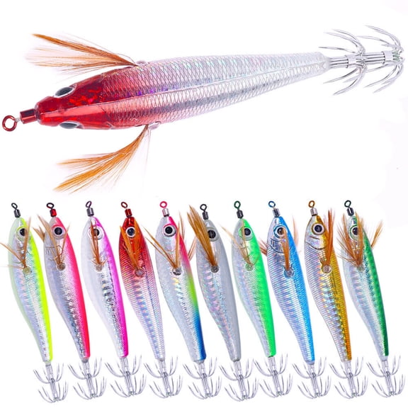 10PCS Glow Squid Jigs Shrimp Fishing Lures Octopus Bait Hook 10.3cm/9.4g Sea Jig