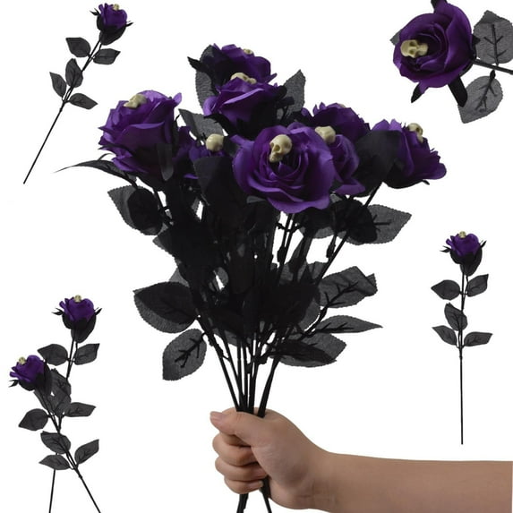 10PCS Gothic Skull Roses Artificial Flowers - 14.57" Long Stem Black and Red Roses with Detailed Skull Centers - Spooky Halloween Decor for Parties, Weddings, Haunted Houses, Photo Props