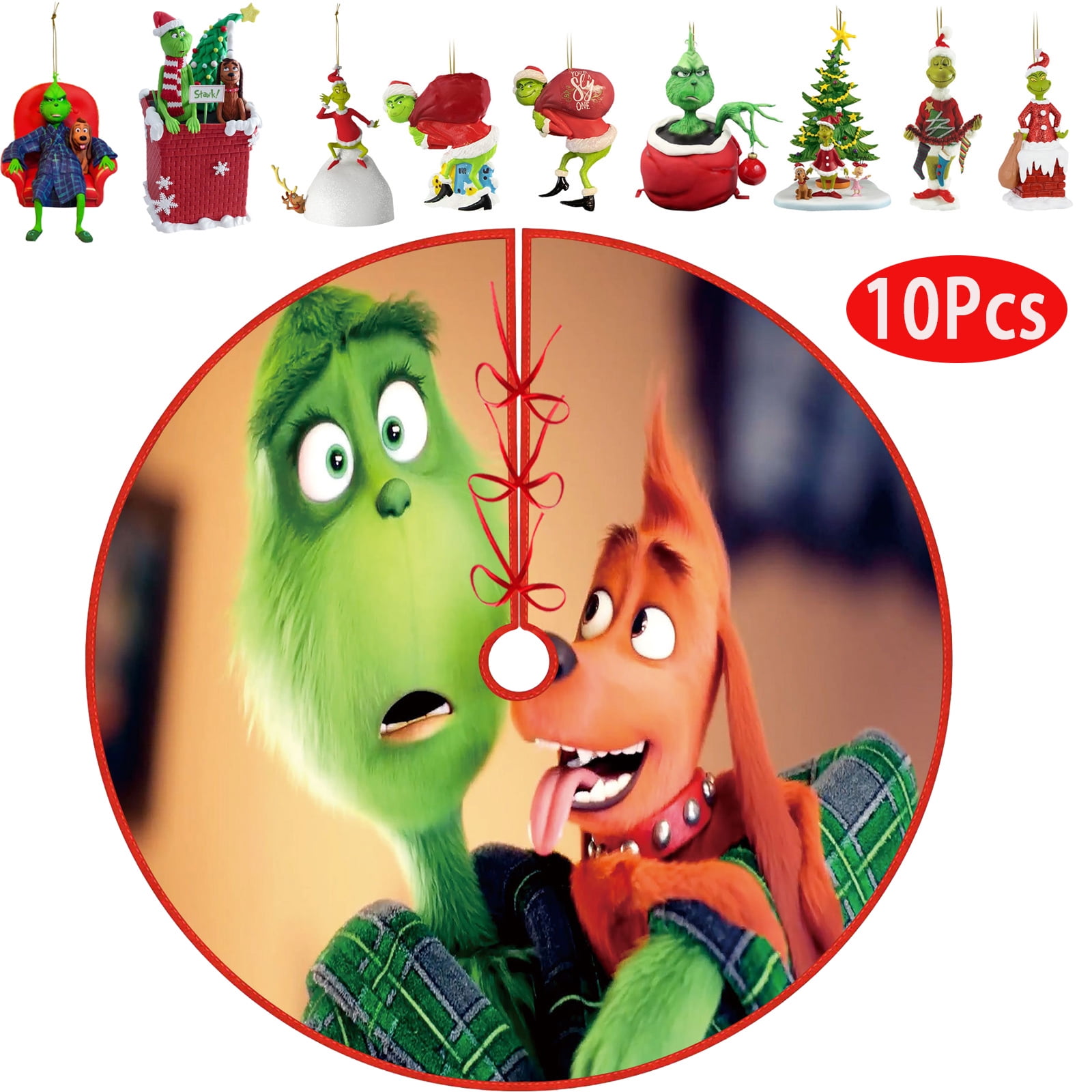 10PCS Grinch Christmas Tree Skirt + Grinch Resin Pendant Christmas