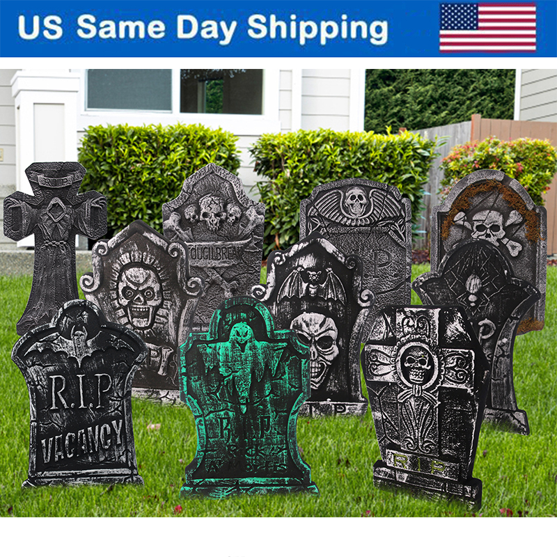 10PCS Halloween Decorations Foam Rip Tombstones Graveyard Headstone with stakes for Halloween