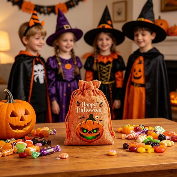 10PCS Halloween Drawstring Candy Bags 3.9x5.5Inch, Reusable Polyester Kids Goodie Pouch with Drawstring, Trick-or-Treat Party Favor for Classroom & Home