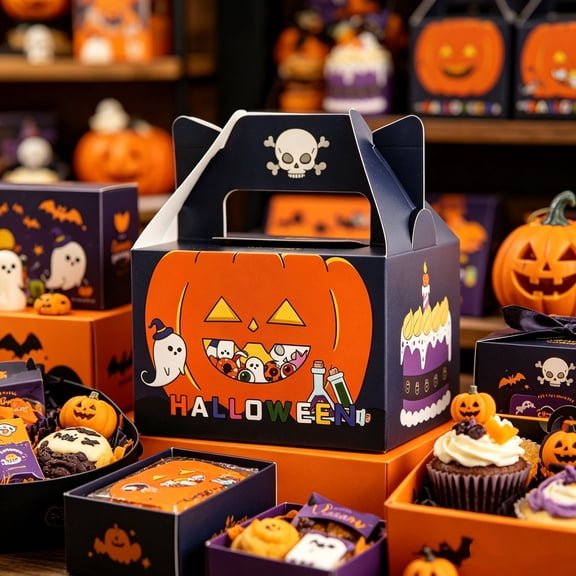 10PCS Halloween Themed Treat Box With Cute Cartoons Prints, Portable Paper Candy And Cookies Container, Party Favors And Holiday Gifting, Spooky Favor Boxes, Trick Or Treat Bags