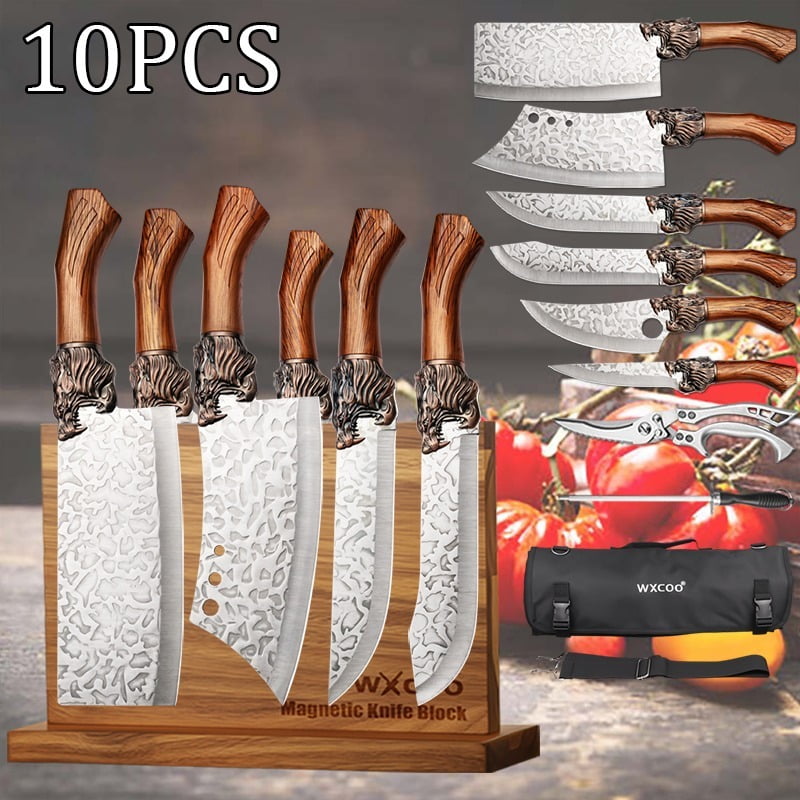 10PCS Handmade Utility Knife Stainless Steel Boning Knife Forged Knife Fruit Knife Magnetic Wooden Knife Holder Multipurpose Knife Sharp Kitchen Scissors Meat Cleaver Vegetable Chopper Unique Knives