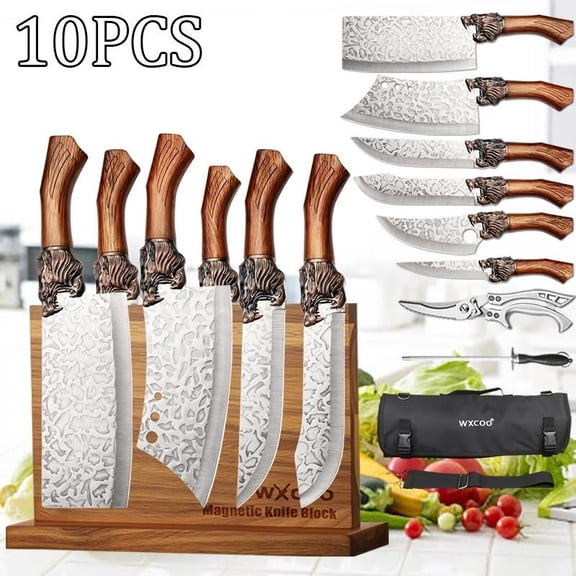 10PCS Handmade Utility Knife Stainless Steel Boning Knife Forged Knife Fruit Knife Magnetic Wooden Knife Holder Multipurpose Knife Sharp Kitchen Scissors Meat Cleaver Vegetable Chopper Unique Knives