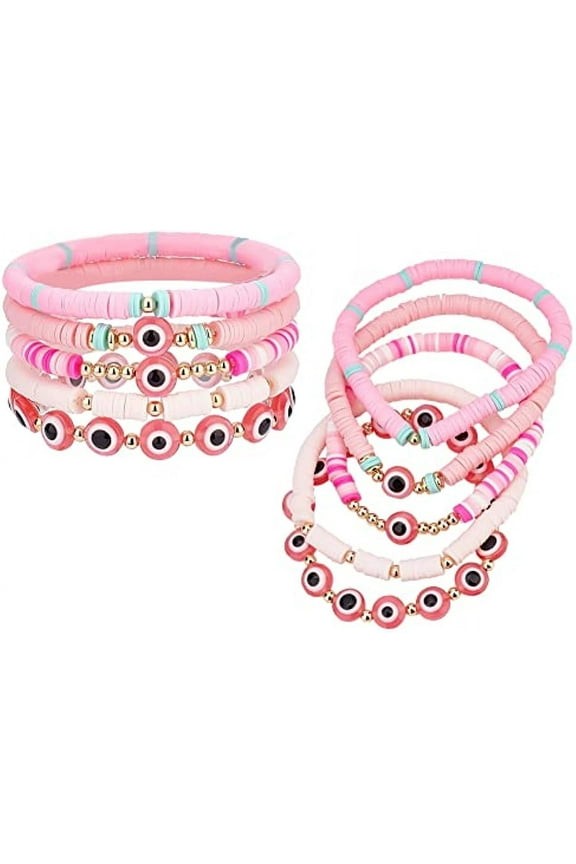 10PCS Heishi Bracelets for Women 5 Style Stackable Bracelets Evil Eye Beaded Bracelet Clay Beaded Stretch Bracelets Boho Surfer Bracelets for Disc Party Gifts Summer Beach Jewelry