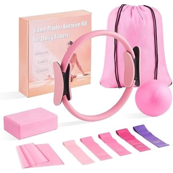 Pink Pilates Ring Set 10Pc for Women,11.81" Pilates Ring,9.8" Ball, 5Pc Stretching Straps, Resistance Bands, Yoga Block, Gym Bag