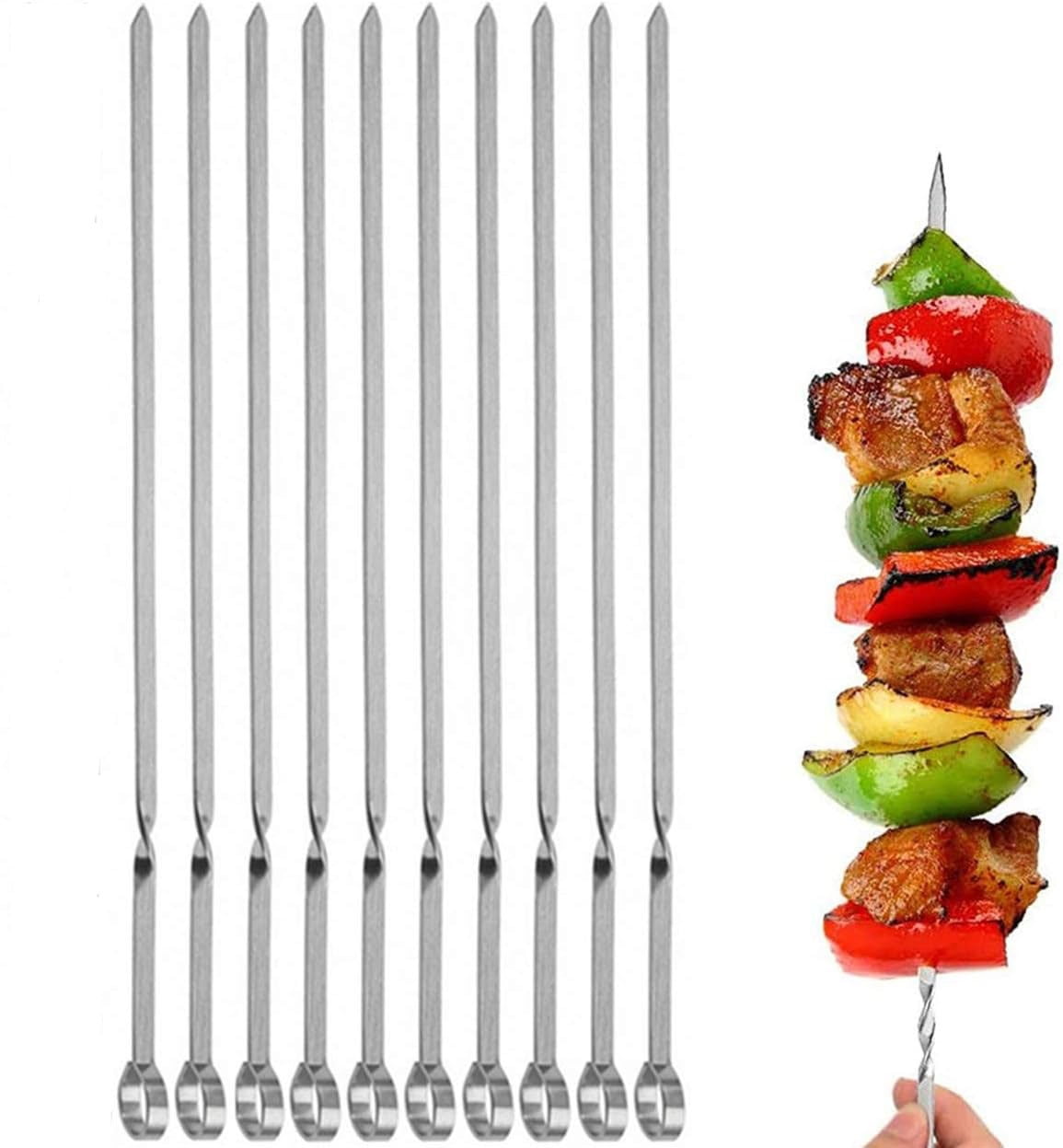 10PCS Kabob Skewers Flat Metal BBQ Barbecue Skewer 14" Long Stainless Steel Shish Kebob Sticks Wide Reusable Grilling Skewers Set for Meat Shrimp Chicken Vegetable, 10 Pack