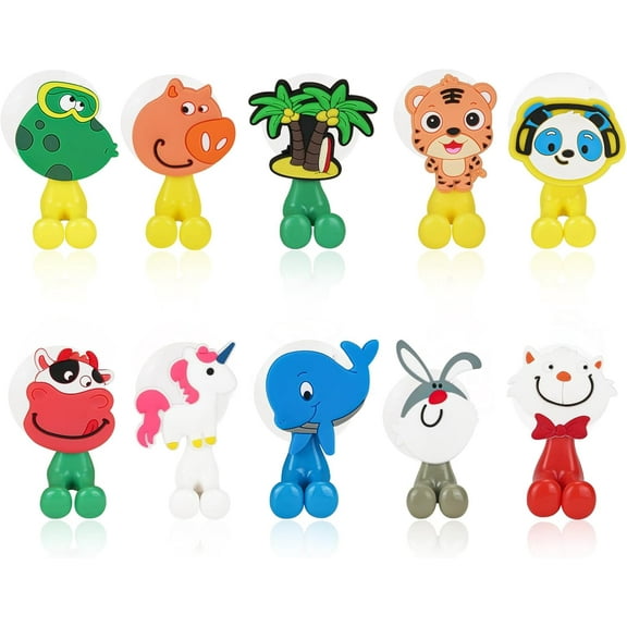10PCS Kids Toothbrush Holders, DSIOHFEI Cute Animal Wall Mounted Shower Toothbrush Holder with Suction Cup, Multi-Functional Hooks for Bathroom, Garage, Office, Kitchen, Dorm