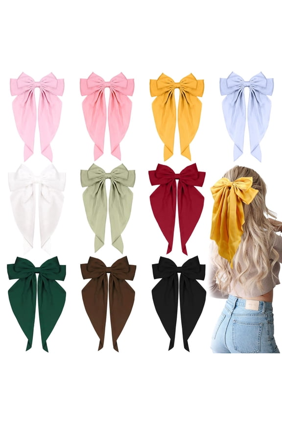 10PCS Large Hair Ribbon Barrettes with Long Tails for Women & Girls, Vintage French Hair Accessories - Bow Clips in 10 Colors