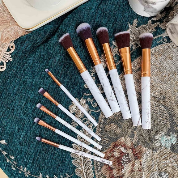 10PCS Marble Makeup Brush Set – Pony Hair Synthetic Cosmetic Brushes, Powder, Blush, Concealer, Eyeshadow, Eyebrow, Lip, Professional, Travel, Holiday Gifts, White Elephant Gifts