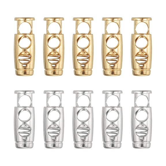 10PCS Metal Cord Locks for Drawstrings, Spring Cord Lock Toggles Stopper Clamp 2 Holes Adjustable Slider End Fastener for Paracord Outdoor Bag Shoes Backpack, Gold Silver