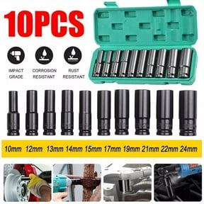 10PCS Metric Deep Impact Socket Set, 1/2" Drive, 6-Point CR-V Steel, 10mm-24mm, Heavy-Duty for Automotive, Bicycle & Mechanical Maintenance, with Storage Case