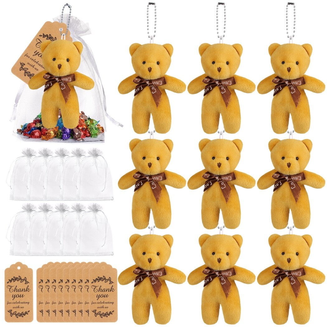 10PCS Mini Bear Stuffed Plush Bear, Mini Bear Bulk with Thank You Tag Organza Packing Bag, for Guest Baby Shower Souvenirs Birthday Christmas Gift