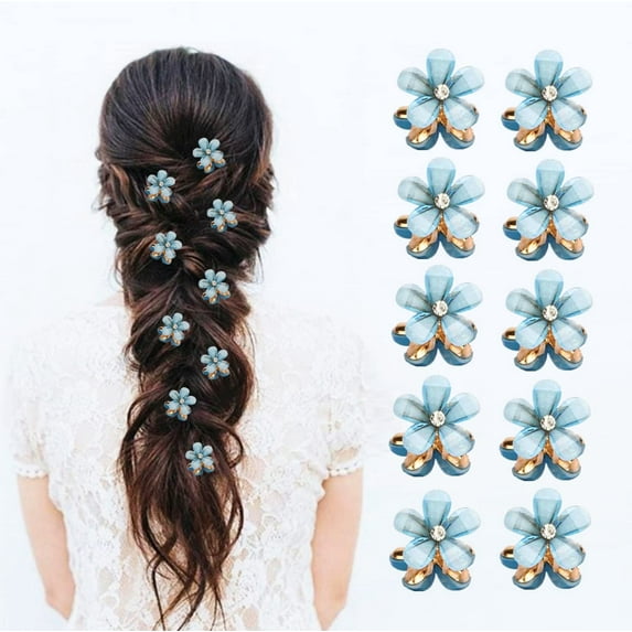 10PCS Mini Flower Hair Clips with Rhinestone Small Flower Hair Claw Clips for Girls Women Fancy Flower Hair Pins Cute Hair Barrettes White Hair Clips Hair Accessories for Girls Women