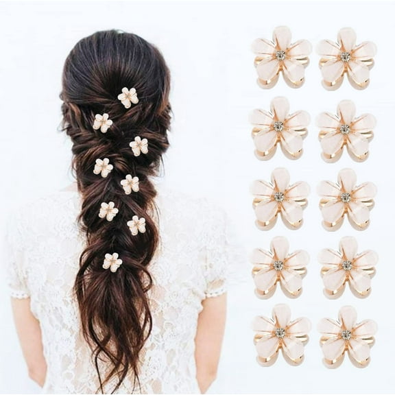 10PCS Mini Flower Hair Clips with Rhinestone Small Flower Hair Claw Clips for Girls Women Fancy Flower Hair Pins Cute Hair Barrettes White Hair Clips Hair Accessories for Girls Women