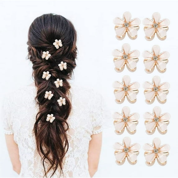 10PCS Mini Flower Hair Clips with Rhinestone Small Flower Hair Claw Clips for Girls Women Fancy Flower Hair Pins Cute Hair Barrettes White Hair Clips Hair Accessories for Girls Women