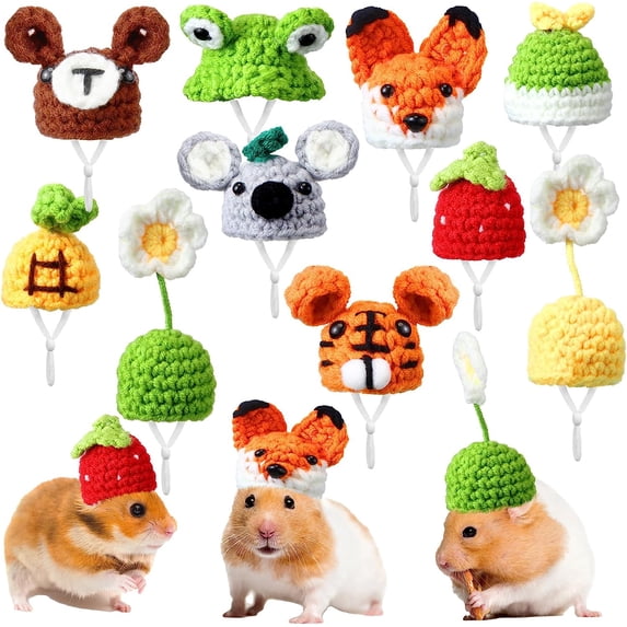10PCS Mini Hamster Hat Hand Knitted Small Animals Hat with Adjustable Strap Frog Bunny Rainbow Carrot Mini Hat Tiny Cute Pet Hat for Small Animals Holiday Party Clothes Costume Accessories Photo Props