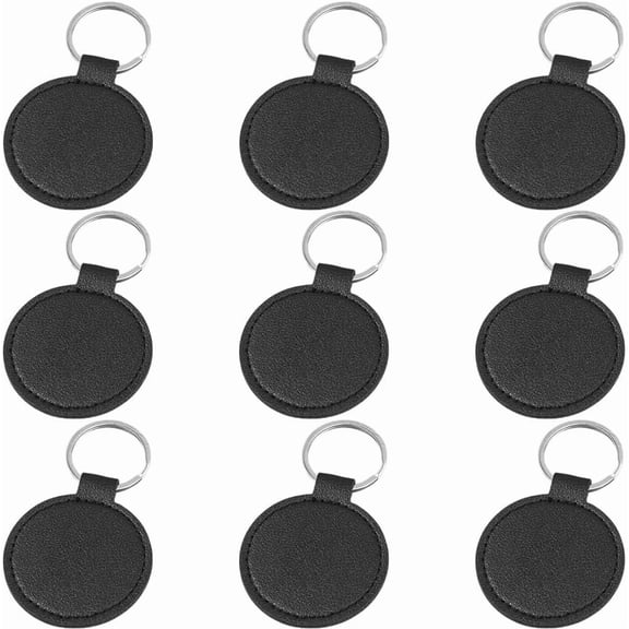 10PCS PU Leather Keychain Blanks Black Double Side Leather Keychain Kits with Key Rings Round Sublimation Key Fob Holder Heat Transfer Keyring Bulk