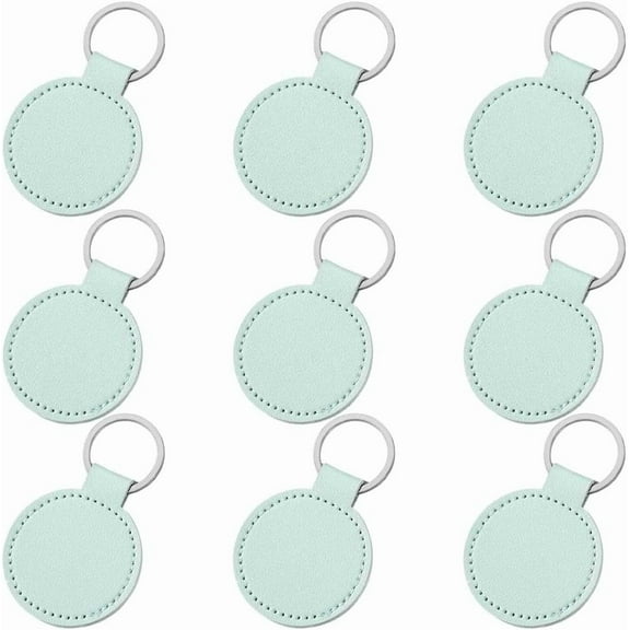 10PCS PU Leather Keychain Blanks Light Green Double Side Leather Keychain Kits with Key Rings Round Sublimation Key Fob Holder Bulk