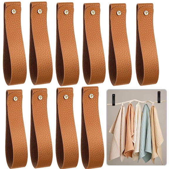 10PCS PU Leather Wall Hooks Wall Hanging Straps Curtain Rod Holder Towel Holders for Wall Faux Leather Strap Hanger Wall Mounted Hooks for Towel Bathroom Kitchen