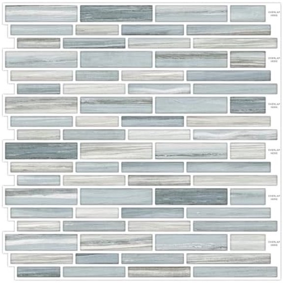 10PCS Peel and Stick Tile for Kitchen Backsplash, Strips Design Self-Adhesive Vinyl Tile, Plastic Wall Sticker (Blue Gray)