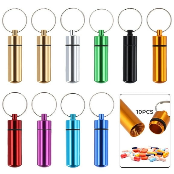 10PCS Pill Holder Keychain, Aluminium Alloy Mini Pill Organizer, Waterproof Small Pill Box, Portable Pill Container, Metal Pill Case with Keyring for Outdoor Camping Travel