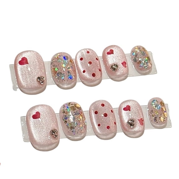 10PCS Pink Heart Glitter Press On Nails Short Kawaii Artifical Cute Girly Style False Nails with Red Heart Design Glitter Rhinestones Ideal for Party Selfies Everyday Wearable Manicure Sticker Oval