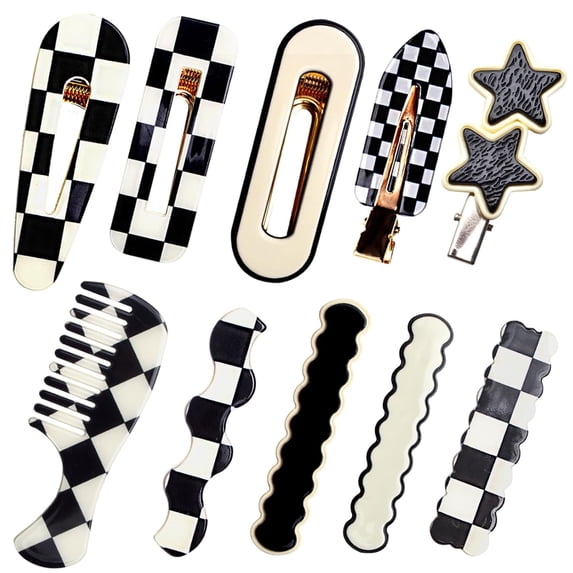 10PCS Plastic Checker No Crease Hair Clips No Bend Styling Duckbill Clip Black White Checkerboard Hair Barrettes for Women Salon Hairstyle Hair Accessories Gifts