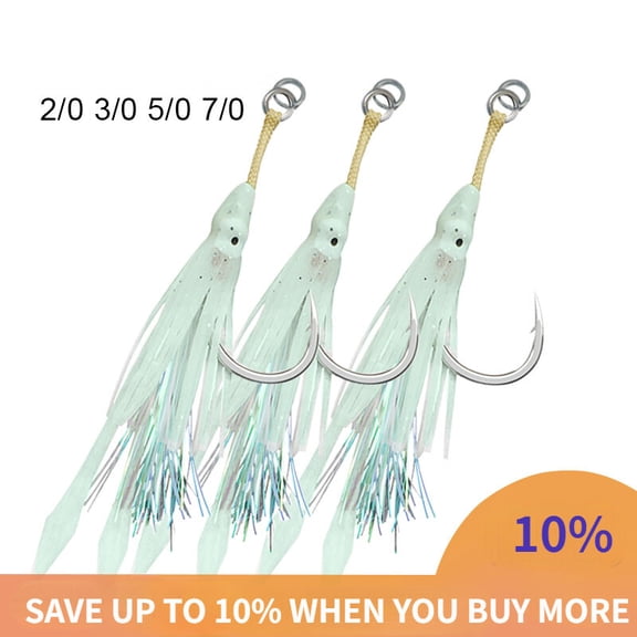 10PCS Power Assist Hook Glow Rubber Skirt Squid Hook Saltwater Jig Hooks 2/0-7/0