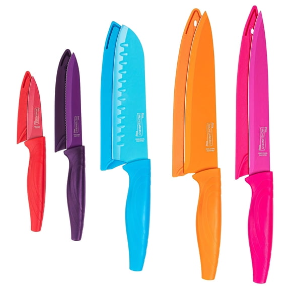 10PCS Rainbow Kitchen Knife Set - High Carbon Stainless Steel, Dishwasher Safe, 5 Knives & 5 Knife Covers, Colorful Cutlery for Home Cooking & Gifting