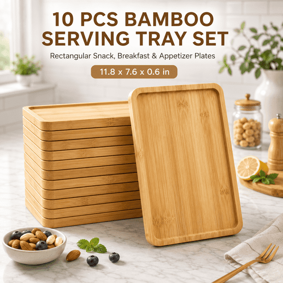 10PCS Rectangular Bamboo Serving Tray Set, 11.8 x 7.6 Inch Thick Bamboo Breakfast Plates with Raised Rim, Rounded Corners, Snack, Appetizer & Dessert Trays for BBQ, Picnic, Camping, Kitchen