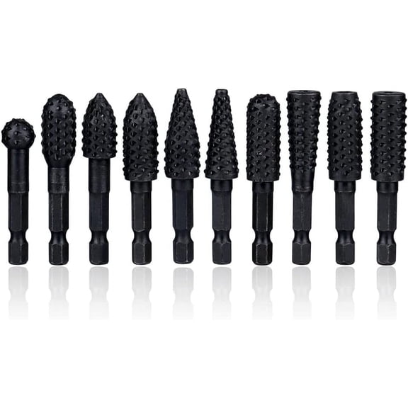 10PCS Rotary Burr Rasp Set, 1/4 Inch Hex Shank Wood Carving Drill Bits, High Carbon Steel File Rasps for Wood Plastic Engraving Grinding Polishing Tool Kit