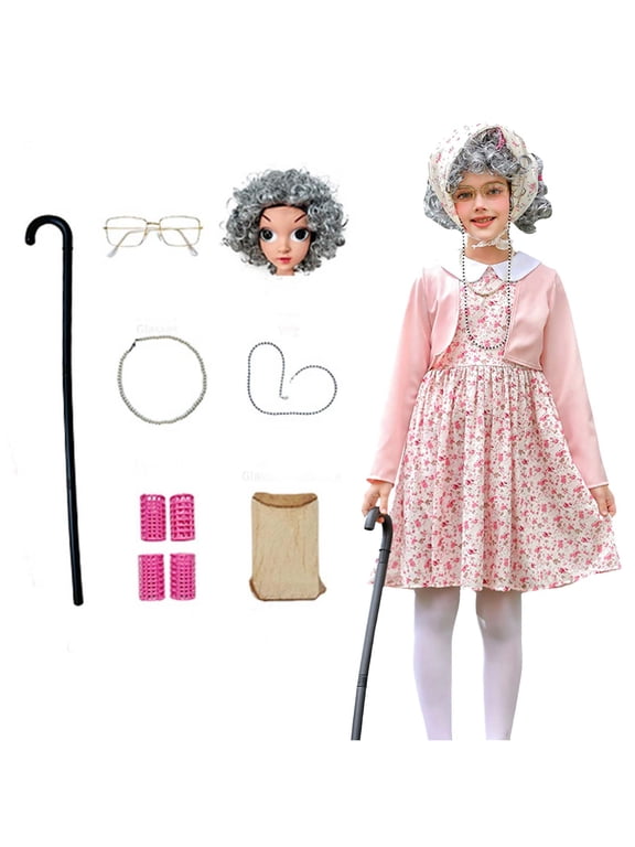 10PCS Set Dress Up Outfit for Girls Old Lady 100 Days of School with Granny Chef Apron Wig Glasses Bag Cane Accessory