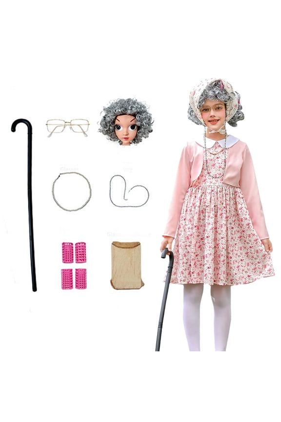 10PCS Set Dress Up Outfit for Girls Old Lady 100 Days of School with Granny Chef Apron Wig Glasses Bag Cane Accessory