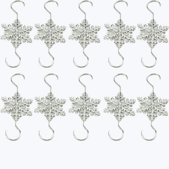 10PCS Silver Snowflake S-shaped Hooks - Metal Christmas Tree Hangers with Crystal Beaded Swirls for Small Ornaments