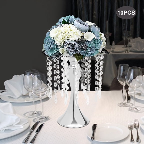 10PCS Silver Vases Wedding Centerpieces Flower Stand Table Decor w/Crystal Beads