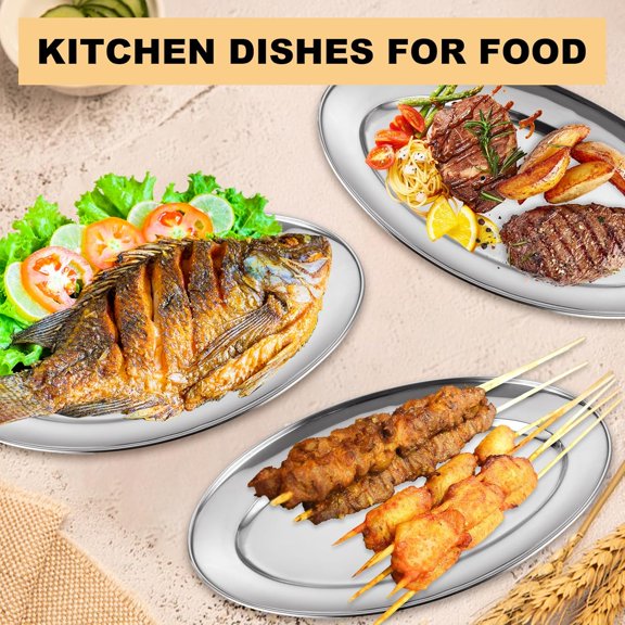 10PCS Sizzle Platter for Serving Food Medium Serving Trays for Party Buffet Oval Serving Platter Set Silver Tray Decorative Metal Trays Stainless Steel Tray Long Sizzler Plates for Sushi Snack