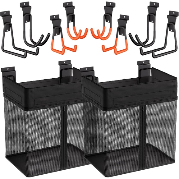 10PCS Slatwall Accessories Kit, 2 Pack Large Mesh Slatwall Baskets with Zipper & 8PCS Heavy Duty Slat Wall Hooks, Mounted Slat Wall Accessory for Garage Home Storage & Organizing