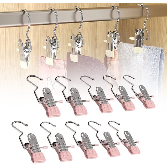 10PCS Space-Saving Clothespin Hat Pants Storage Hanging Travel Hook, 360° Rotating Stainless Steel Metal Hanging Hook Clips, Hanger Clips Towel Clips Boot Hangers for Closet (Black, 10 PCS)